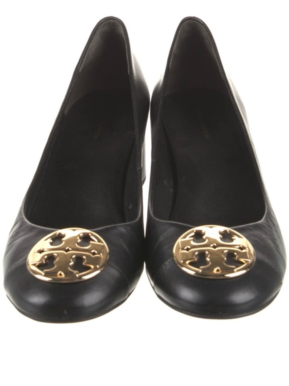 Tory Burch Black Leather pumps with 1 inch heels with Gold Logo Medallion